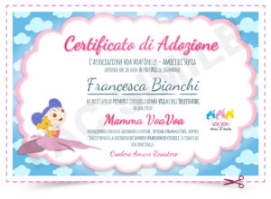 Certificato di Adozione di Viola e Bibi, le Mascottes di VoaVoa! onlus