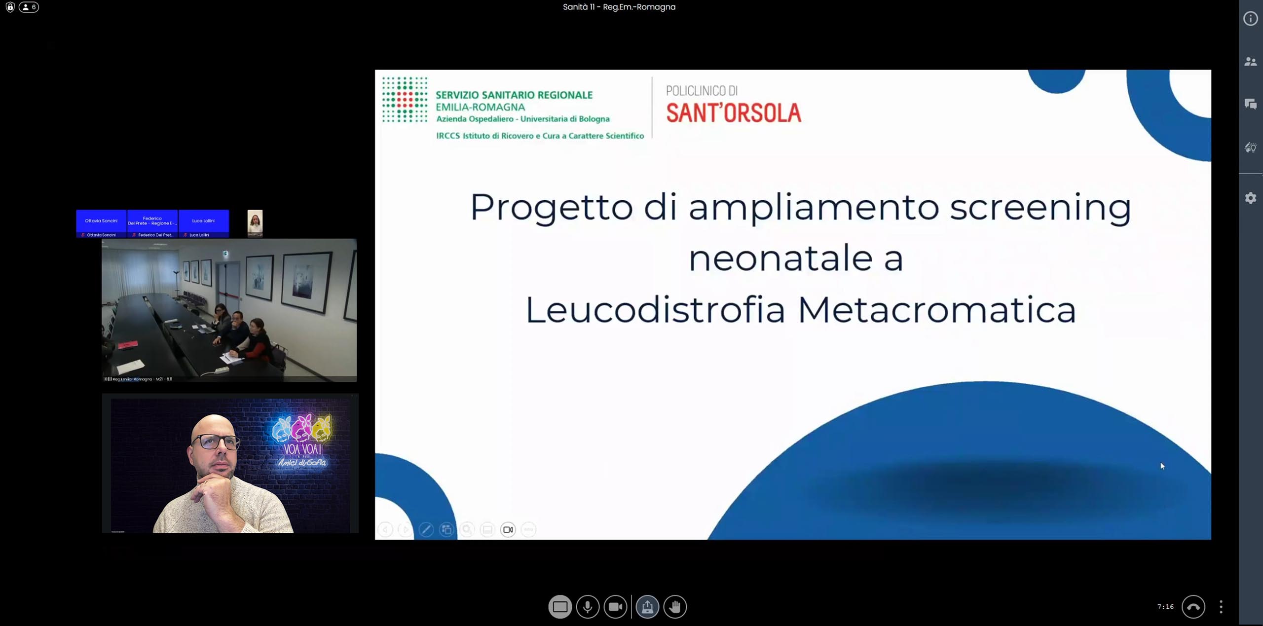 Schermata della videoconferenza tra Regione Emilia-Romagna, Policlinico di Sant’Orsola e Voa Voa! Amici di Sofia APS con la slide “Progetto di ampliamento screening neonatale a Leucodistrofia Metacromatica”.